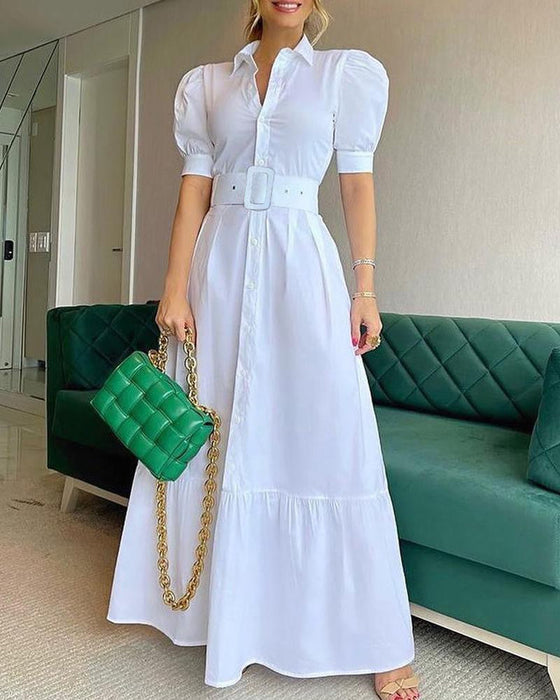 Office Long Short Sleeve Large Swing Dress with Belt