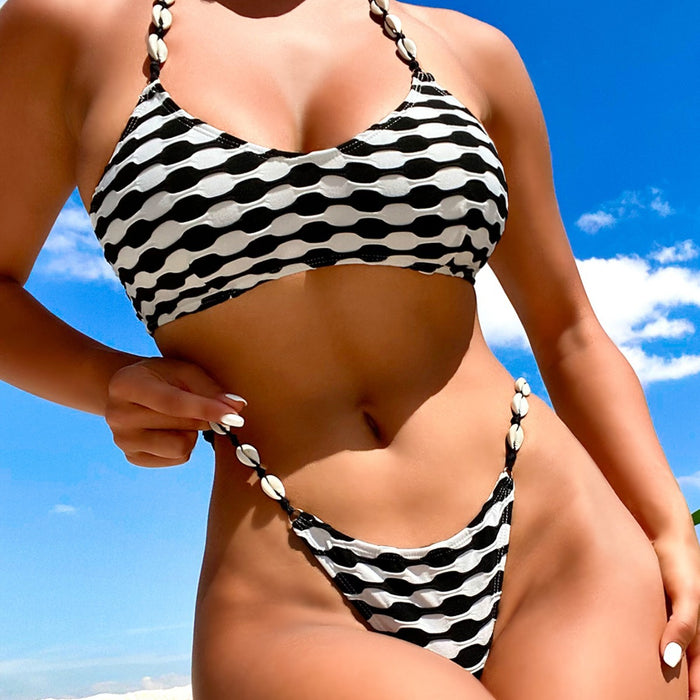 Black White Stripes Contrast Color Bikini Women Split Creative Shell Rope