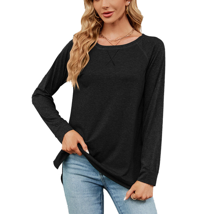 Autumn Winter round Neck Contrast Color Loose Long-Sleeved T-shirt Split Top Women