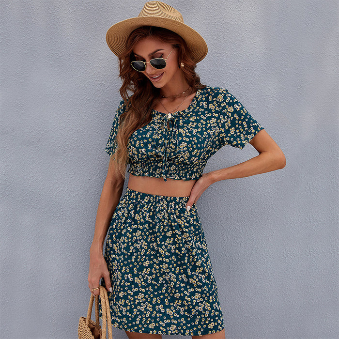 Best Women Clothes Dark Green Small Floral Wooden Ear Bare Cropped High Waist Skirt Outfit Women