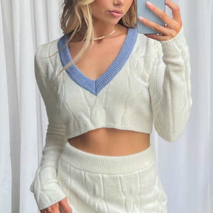 Early Spring Sexy Knitted Cropped Sweater Women High Waist Hip Skirt Set