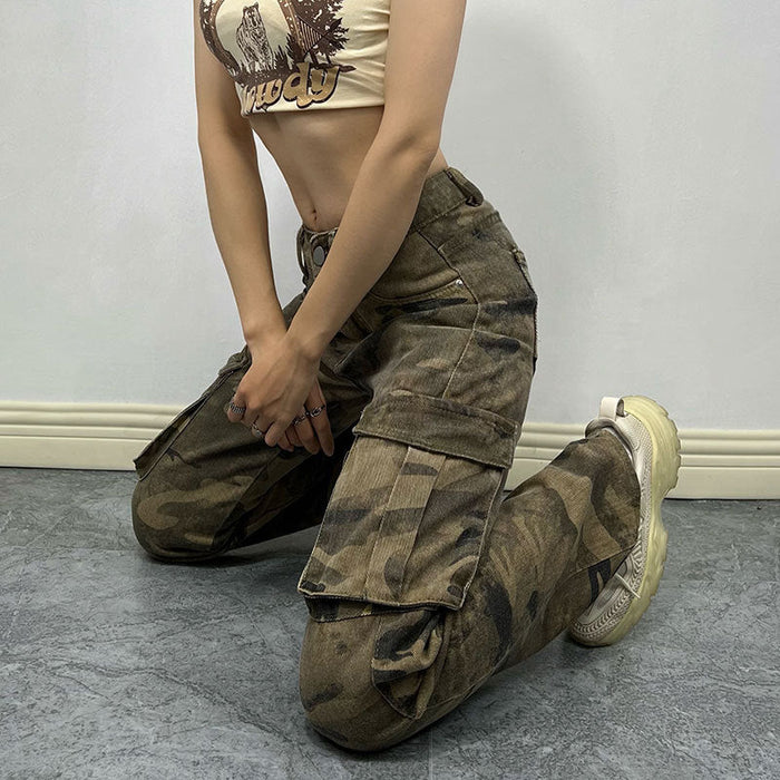 High Street Camouflage Workwear Personality Pocket Jeans Women Street Hipster Straight Leg Pants Trousers