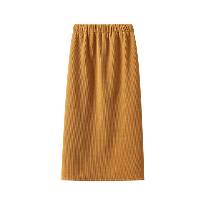 Autumn Winter Corduroy Fleece lined Elastic High Waist Skirt Women Slimming A line Straight Slit Sheath Skirt Long Skirt