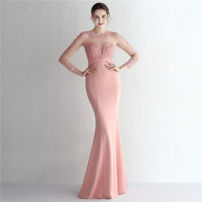 Satin Rhinestone Lace Overweight-Shaped Hand Bride Long Long Sleeve Appreciation Dinner Fishtail Evening Dress