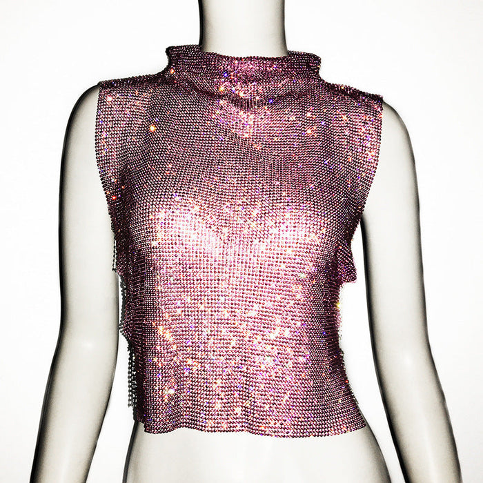 Women's Clothing Full Diamond Vest Luxury Turtleneck Rhinestone Top Sexy Nightclub Sexy Vest