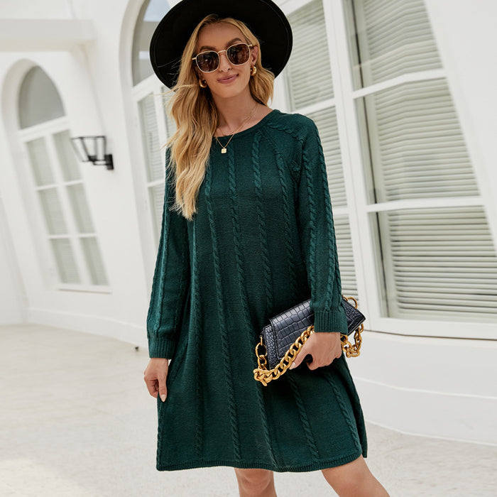 Fall Winter Solid Color Long Sweater Dress round Neck Twisted Loose A line Knitted Dress