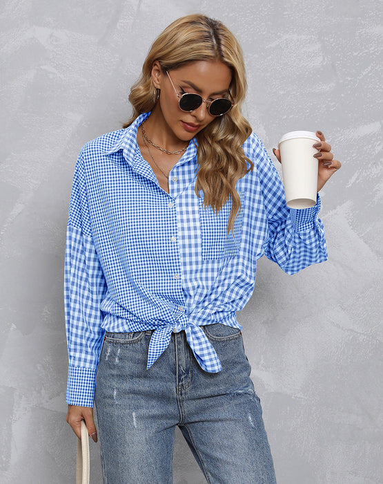 Women Top Autumn Collared Plaid Colorblock Loose Casual Shirt