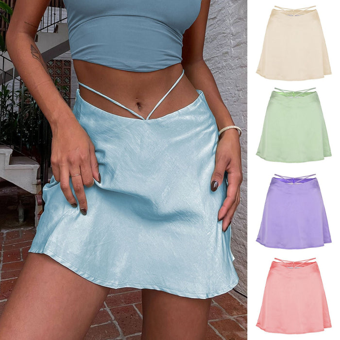 Solid Color Sexy Satin Skirt cropped Lace-up Zip Skirt Women Clothing