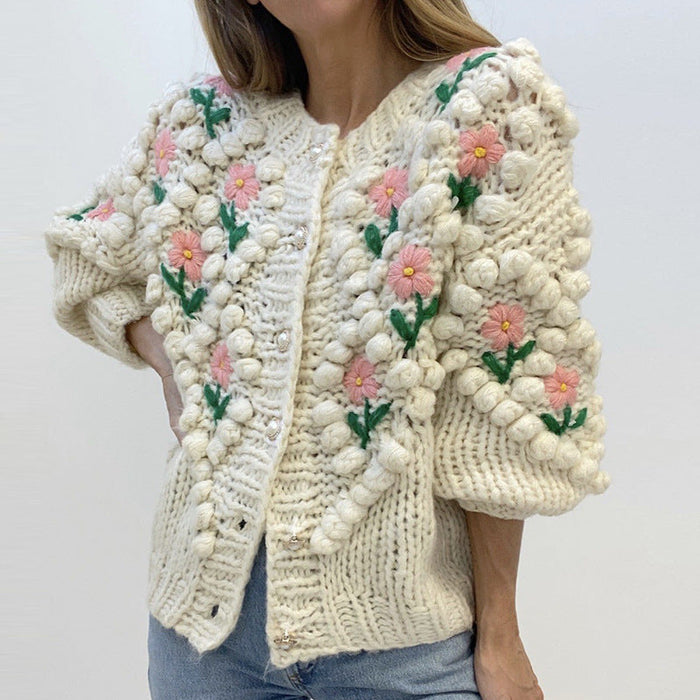 Autumn Winter Handmade Crocheted Embroidery Twist Pearl Buckle Knitted Sweater Cardigan Coat