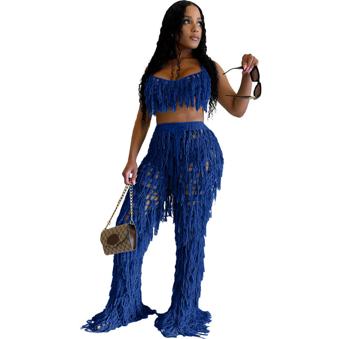 Sexy See through Knitted Hand Crochet Tassel Beach Suit