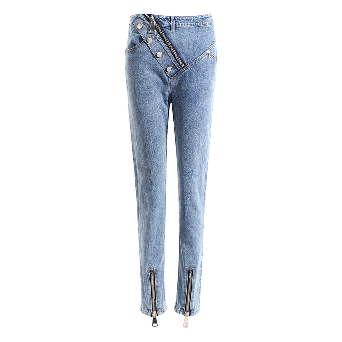 High Waist Jeans Spring Straight Slim Fit Slimming Zipper Decorative Oblique Placket Skinny Slit Slim Fit Pants