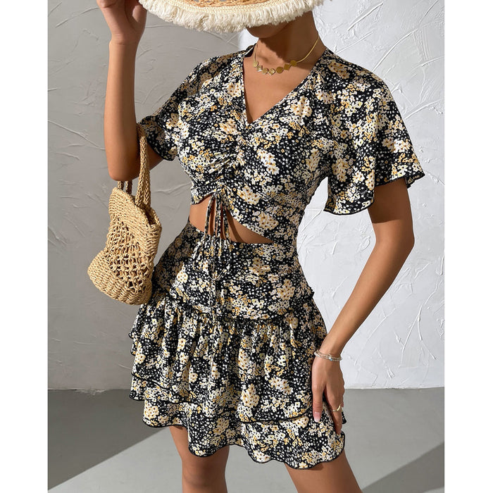 Bohemian Printed Sexy V neck Cropped Beach Vacation Suit Women