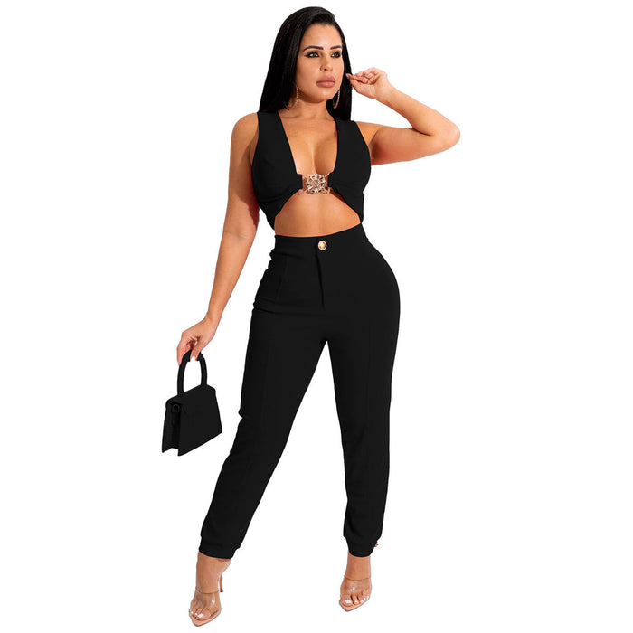 Solid Color Tight Sleeveless Knitted Two-Piece Vest Pants Suit for Women