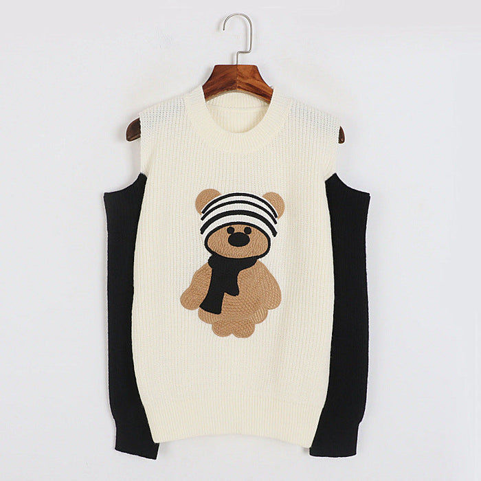 Ripped off-Shoulder Sweater Autumn Winter Korean Little Bear Embroidered Younger Sweater