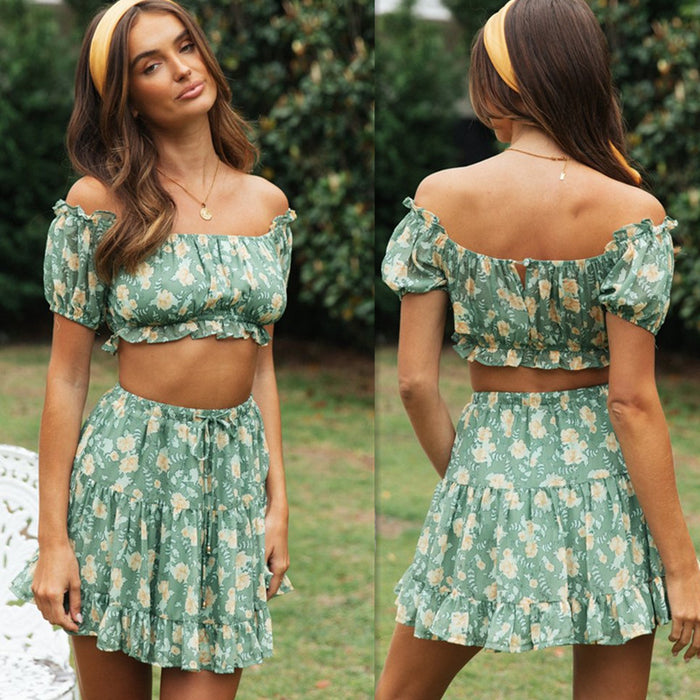 Women Clothing Chiffon Floral Print off Shoulder Top Skirt Set