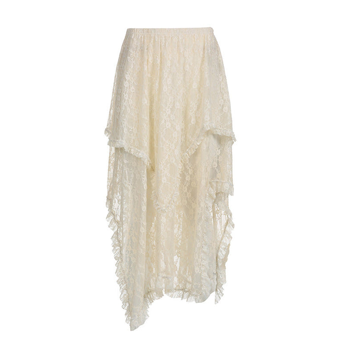 Retro Trendy Lace Irregular Asymmetric Skirt Solid Skirt Summer Thin