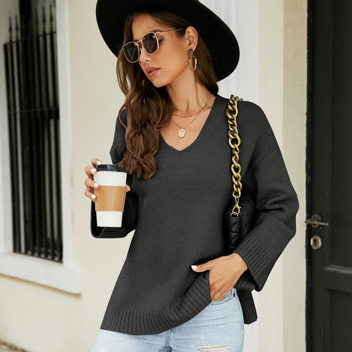 Women Clothing Long Sleeve V Neck Sweater Casual Loose Fitting Women Sweater