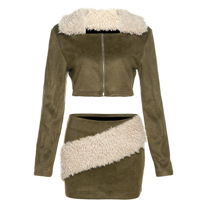 Fall Women Clothing Long Sleeve Fur Collar Cardigan Coat Low Waist Hip Wrapped Skirt Set