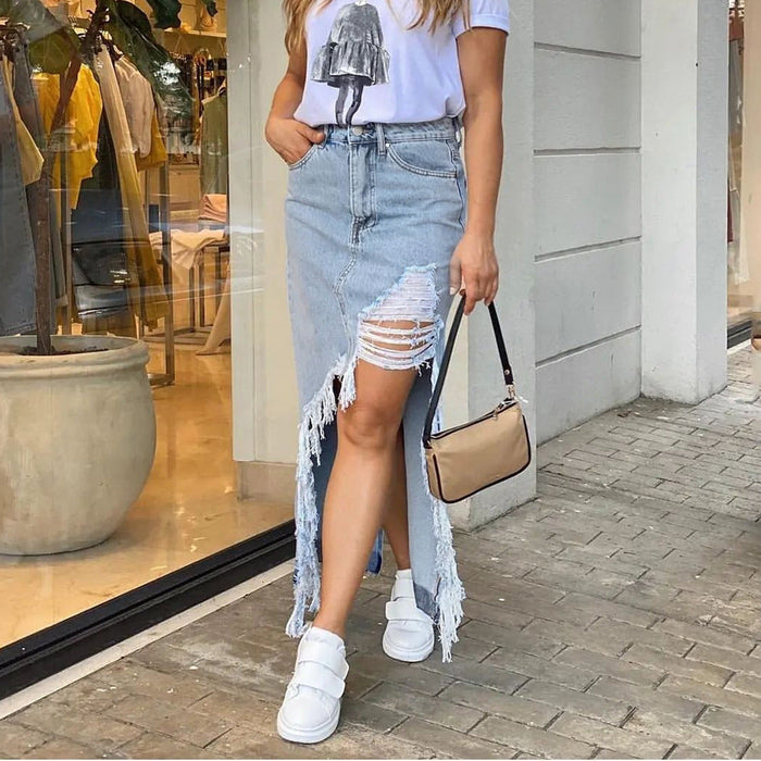 Women Streetwear Personalized Denim Wash Pocket Slit Tassel Skirt for Women