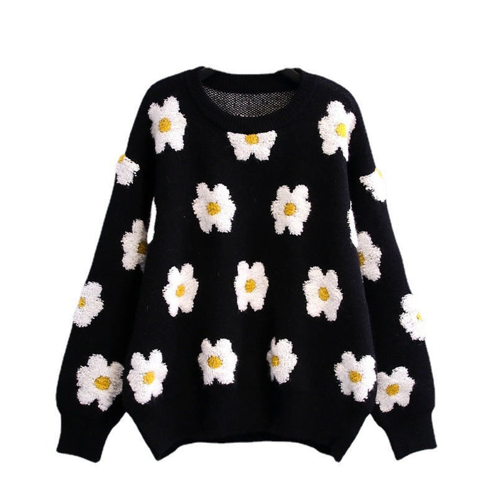 Autumn Winter Three Dimensional Little Daisy Thickened Black White Contrast Color Knitted Sweater Pullover for Women