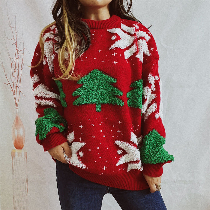 Autumn Winter Christmas Tree Jacquard Round Neck Long Sleeved Thickened Knitted Pullover Christmas Sweater for Women