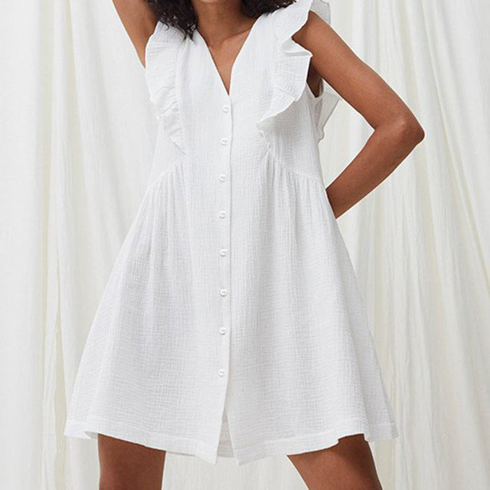 Summer French Simplicity Natural Comfortable Wooden Ear Stitching Double Crepe Cotton Nightgown Women Home Wear