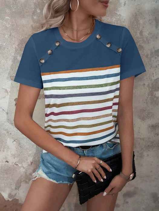 Women Clothing Summer Striped Print Stitching Button Short Sleeved Casual Top Women