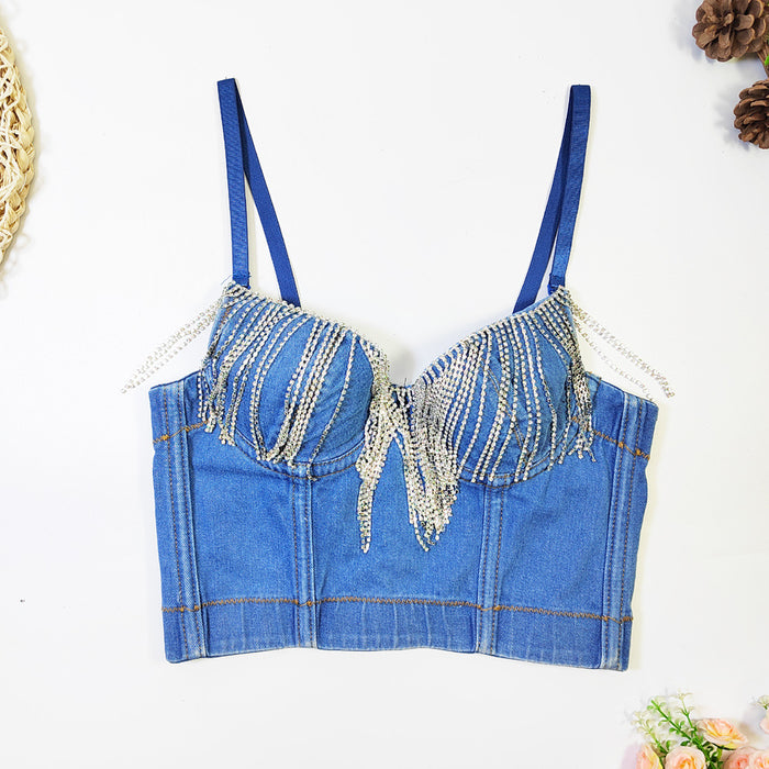 Sexy Denim Tube Top with Chest Pad Short Sleeveless Body Shaping Top Rhinestone Tassel Boning Corset Corset