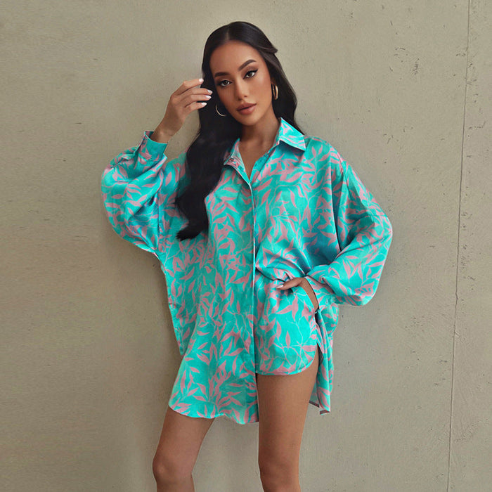 Summer Comfortable Artificial Silk Printed Two Piece Suit Pajamas Cardigan Long Sleeve Shorts Outer Wear Women  Homewear