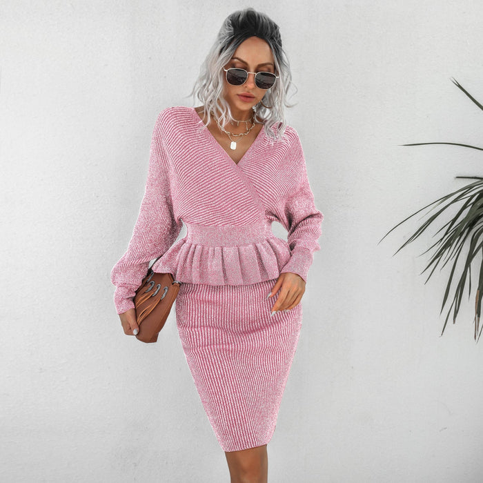 Women Clothing Autumn Winter Casual Ruffled Knitted Sweater Dress Two Piece Set