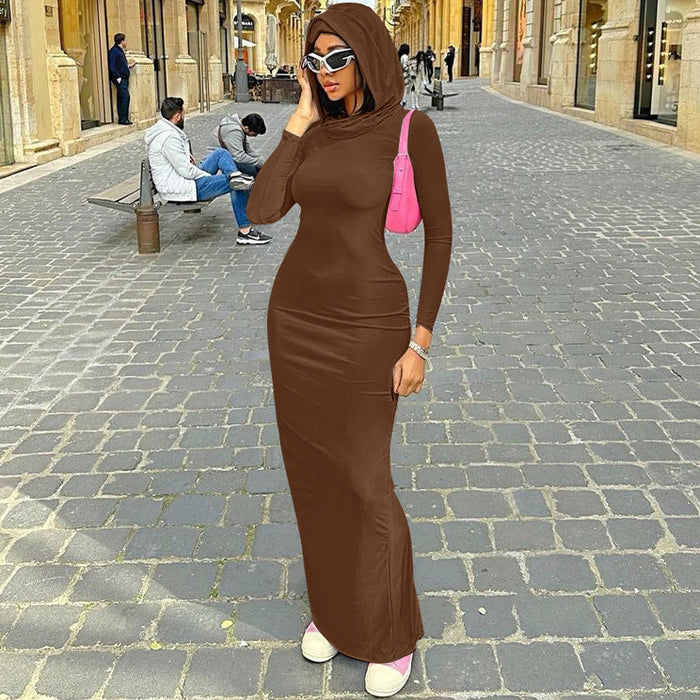 Women Clothing Summer Slim Fit Hood Back Slit Solid Color Dress