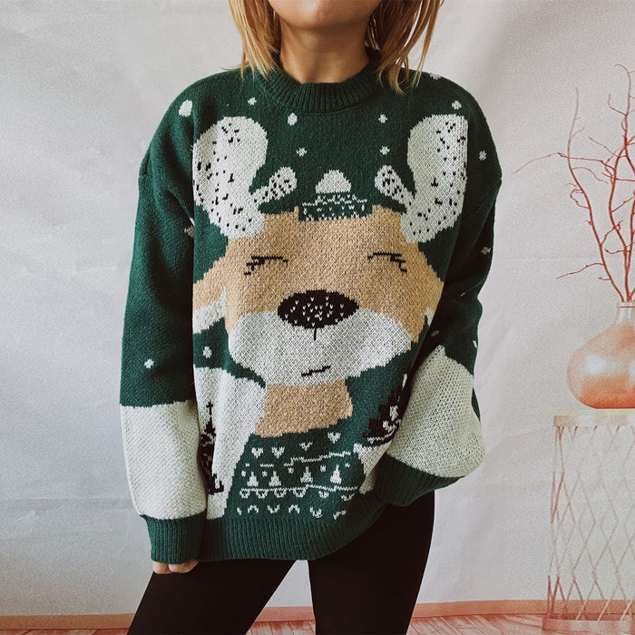 Autumn Winter Year Christmas Sweater Cartoon Elk Pattern round Neck Long Sleeve Knitted Pullover