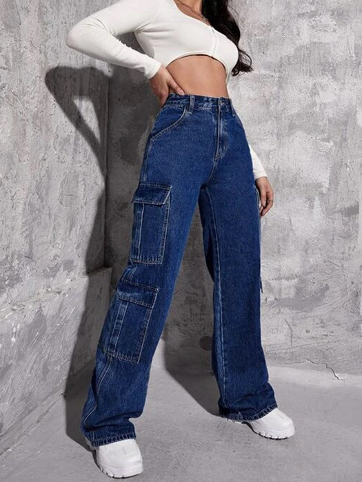 Wind Women Workwear Bellows Pocket Multi Bag Denim Straight Leg Trousers