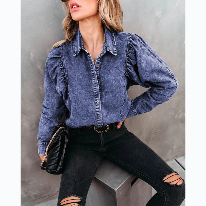 Autumn Winter Collared Casual Street Denim Shirt Women