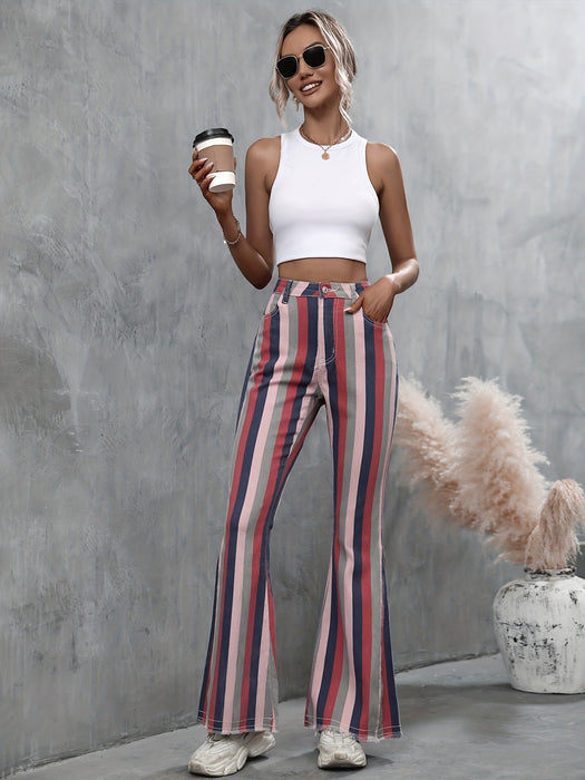 Spring Summer Striped Skinny Raw Edge Denim Casual Trousers Women