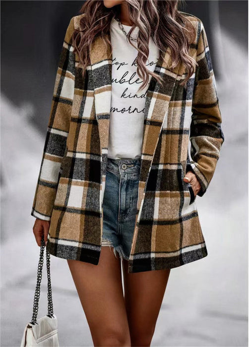 Autumn Winter Women Clothing Loose Printed Checks Long Sleeve Pocket Woolen Coat Top Outerwear