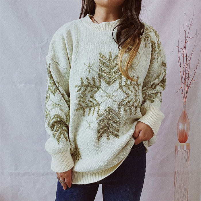 Autumn Winter Loose Gold Line Big Snowflake Christmas Sweater Round Neck Long Sleeved Thickened Pullover Women