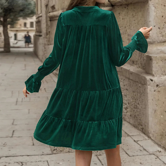 Women Clothing Long Sleeve Solid Color Velvet Autumn Winter Dress