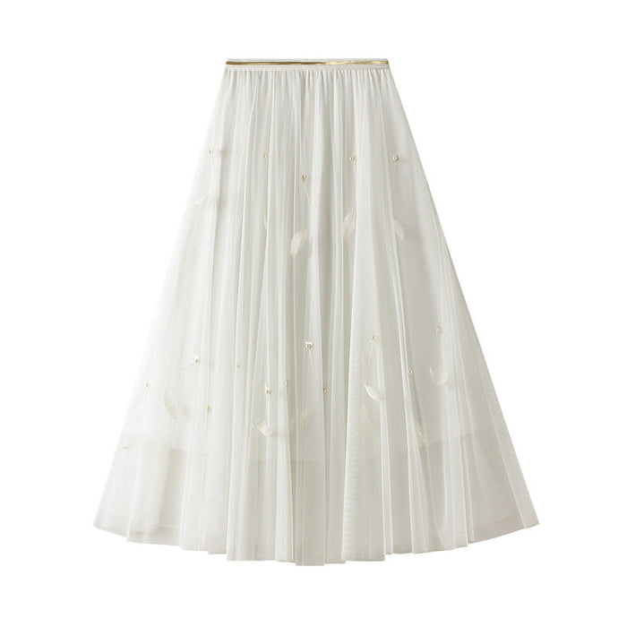 Super Fairy Skirt A- Line Skirt Mid-Length Expansion Skirt Women Autumn High Waist Feather Pettiskirt