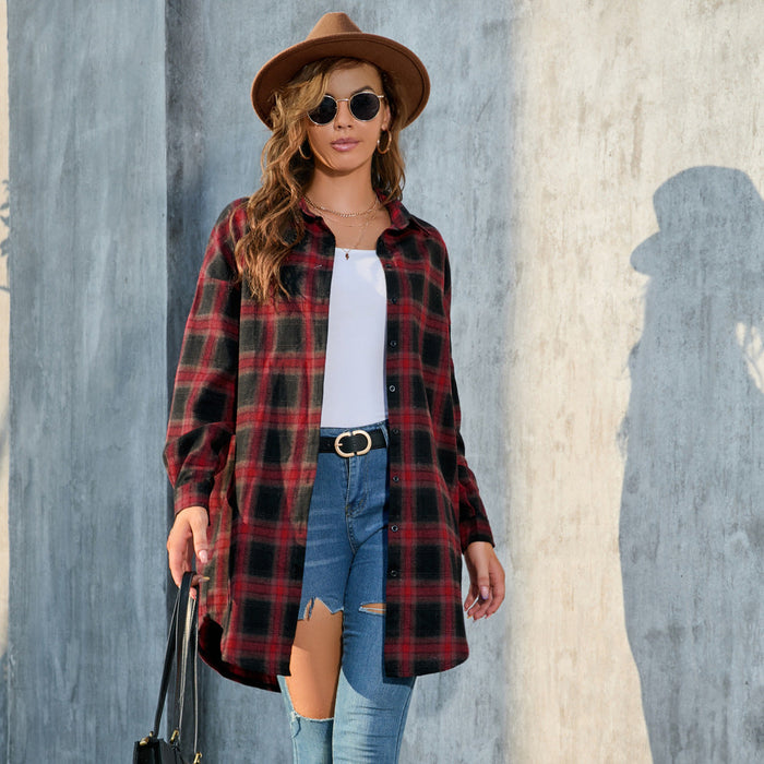 Women Long Sleeved Plaid Shirt Women Autumn Mid Length Plaid Shirt Retro Coat Women