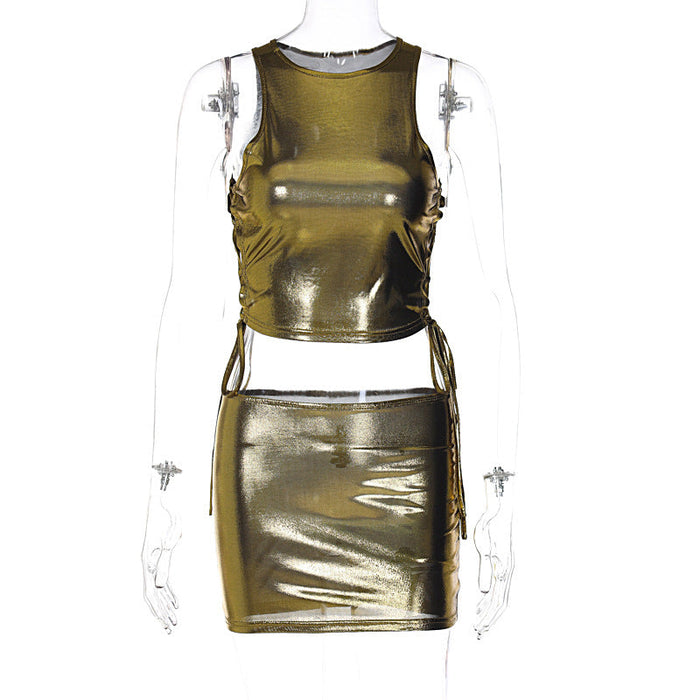 Metallic Coated Fabric Women Clothing Spring Side Hollow Out Cutout out Tied Round Neck Vest Slim Skirt Set