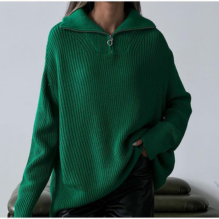 Zipper Sweater Pullover Knitted Loose Casual Women Clothing Women Autumn Winter