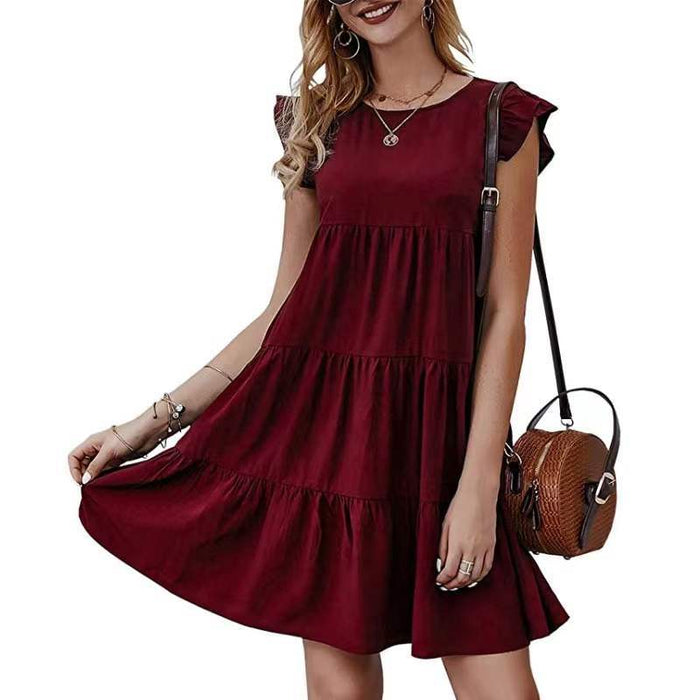 Summer Solid Color round Neck Short Sleeves Dress Casual Tiered Dress Pleated Large Swing Dress