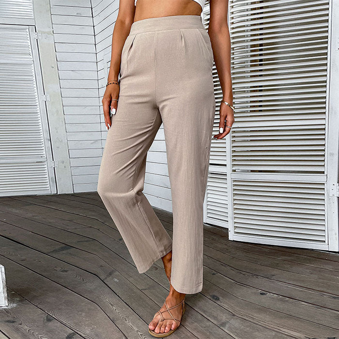 Summer Cotton Linen Trousers High Waist Solid Color Cropped Straight Pants Women