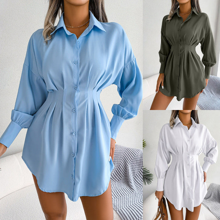 Autumn Winter Casual Lantern Sleeve Waist-Tight Asymmetric Dress Shirt Dress Women Clothing