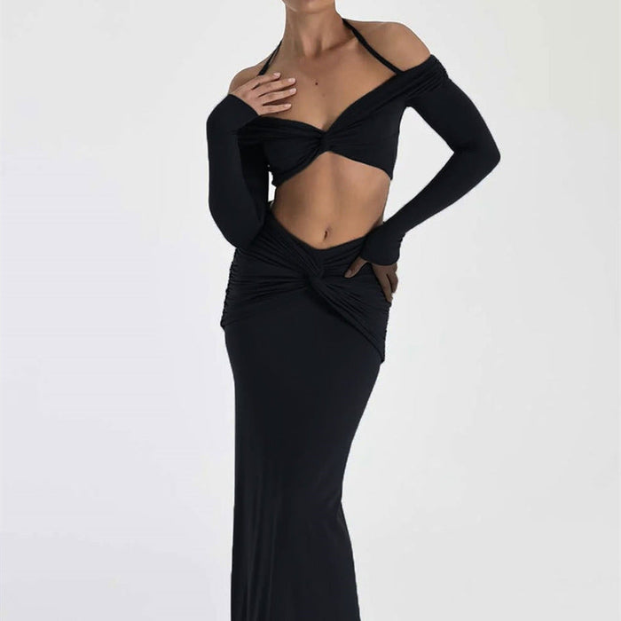 Autumn Winter Women Clothing two piece set off Shoulder Halter Twisted cropped Long Sleeve Long Skirt Set