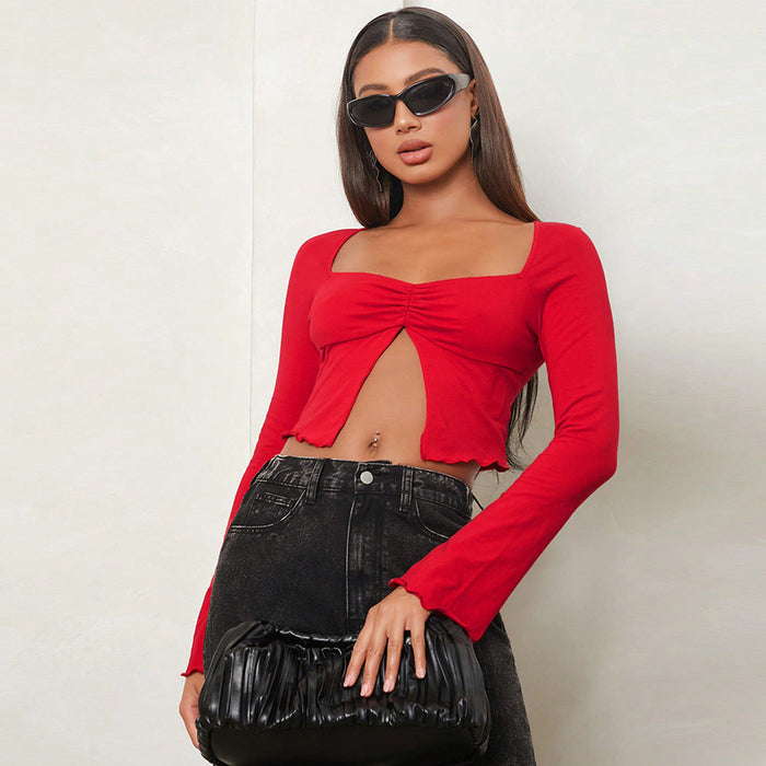 Sexy Retro Short Coat Women Sexy Sexy Thin Slim Bottoming Spring Autumn Red Short Sports Cropped Top