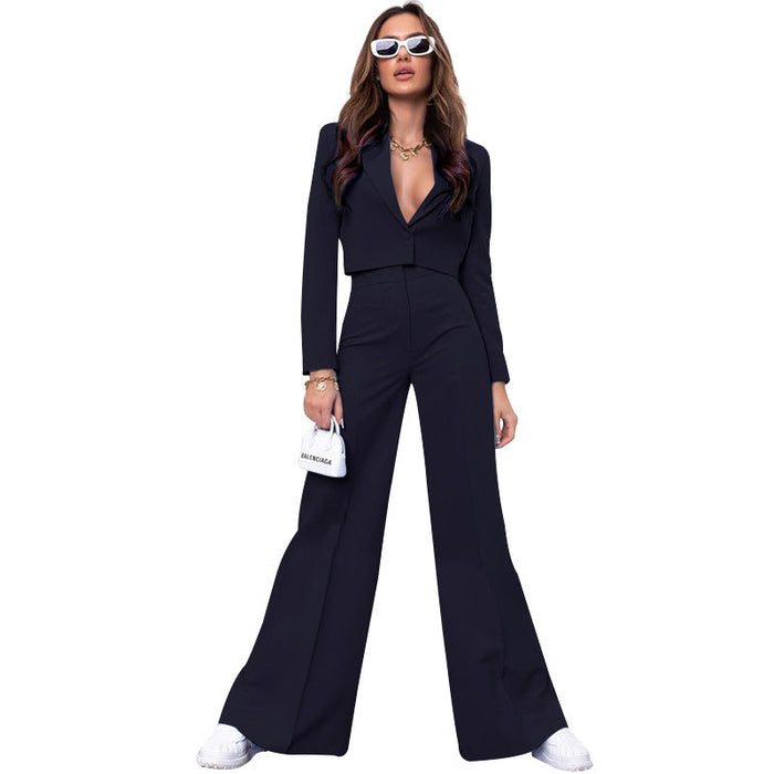 Autumn Winter Solid Color Short Long Sleeve Small Suit High Waist Wide Leg Pants Suit