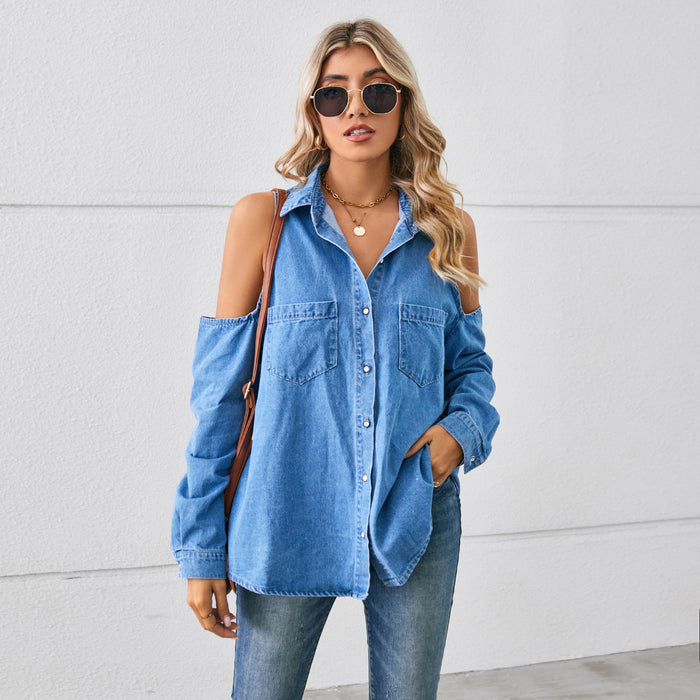 Sexy Casual Washed off the Shoulder Hollow Out Cutout Denim Long Sleeve Shirt Top Women