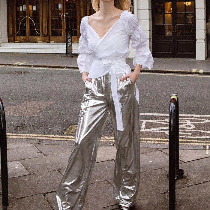 Metallic Coated fabric Women  Clothing Spring Pocket High Waist Faux Leather Pants Women  Candy Color Casual Trousers